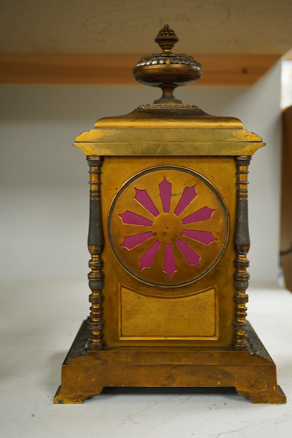 A late 19th century French brass mantel clock, 29cm high. Condition - fair.